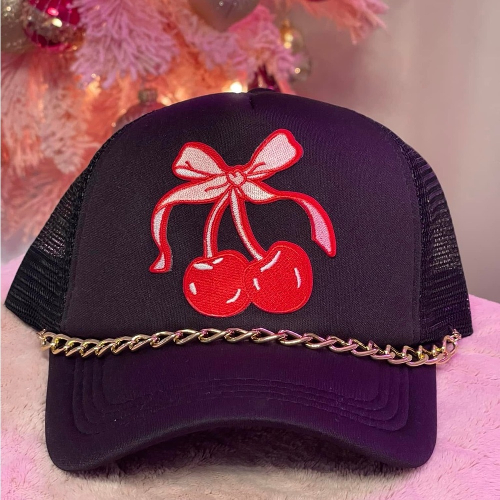 Black Trucker Hat with Red Cherry Design